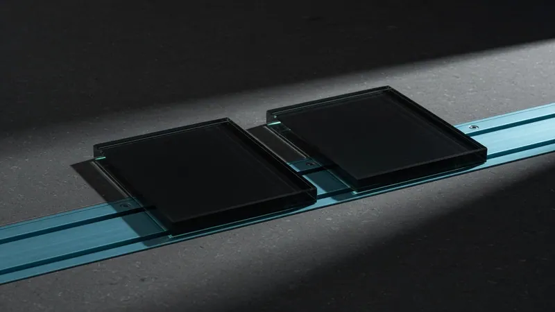 Two dark glass slabs sharing one teal channel on a mineral surface.