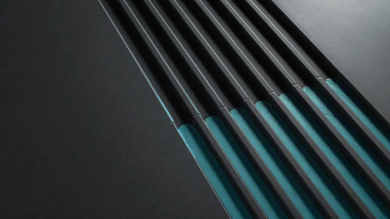 Seven teal channels in dark ceramic, isolated, resolving toward one plane.