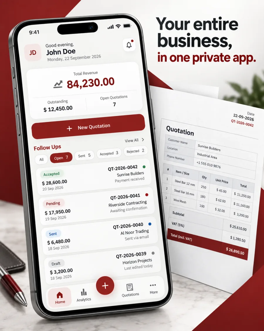 Private mobile business app showing revenue, outstanding payments, quotation statuses, and a generated quotation.