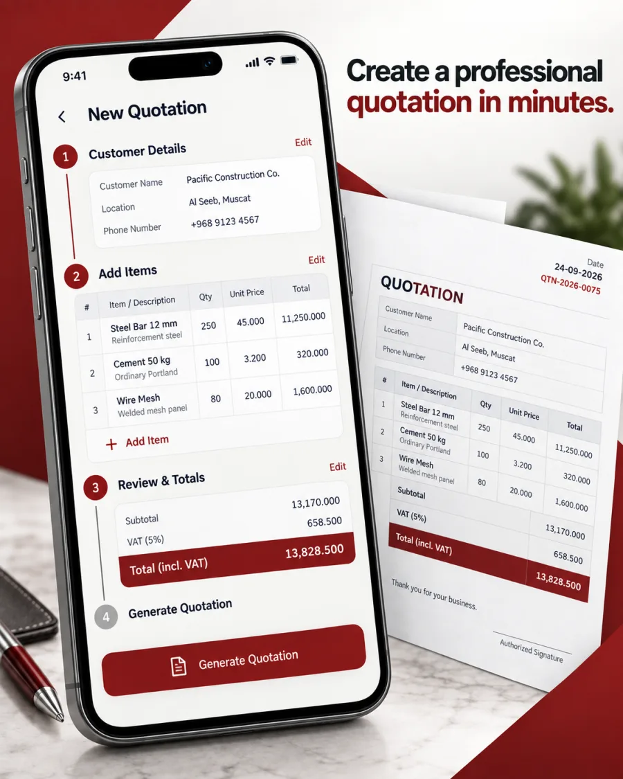 Mobile quotation workflow with customer details, items, tax, totals, and a finished professional document.