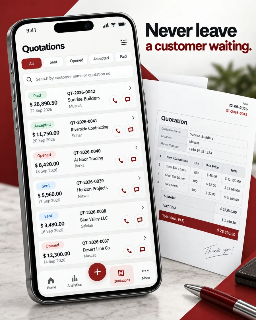 Mobile quotation follow-up list with customer statuses and call and message actions.