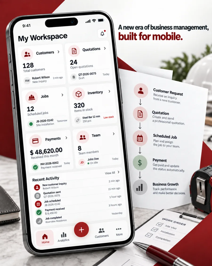 Configurable mobile workspace combining customers, quotations, jobs, inventory, payments, and team.