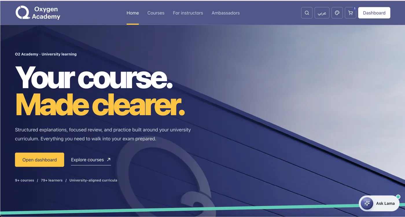 Oxygen Academy homepage for university students, with the Ask Lama assistant.